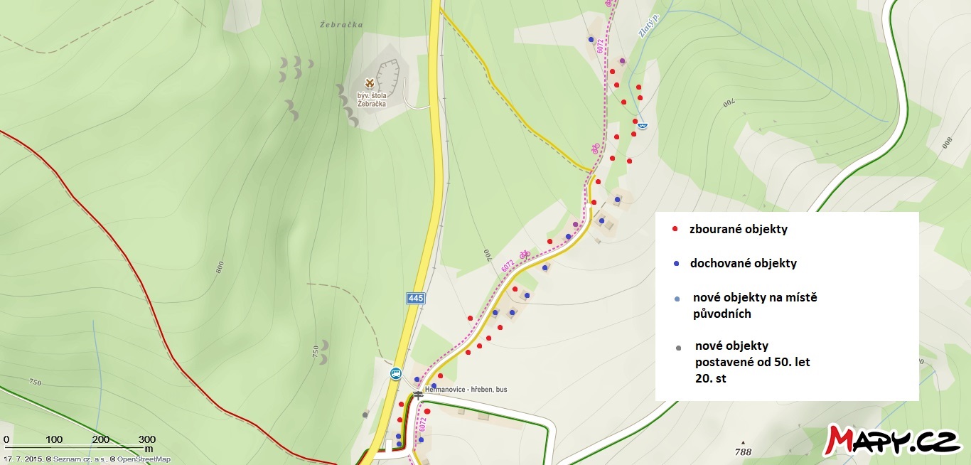 Dolní Vorwitz - nejvíce domů bylo zbouráno téměř na konci obce a v sedle za křižovatkou silnice na Petrovice